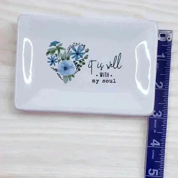 It Is Well With My Soul White Ceramic Soap Dish W/ Blue Flowers & Black Accents - Picture 6 of 13